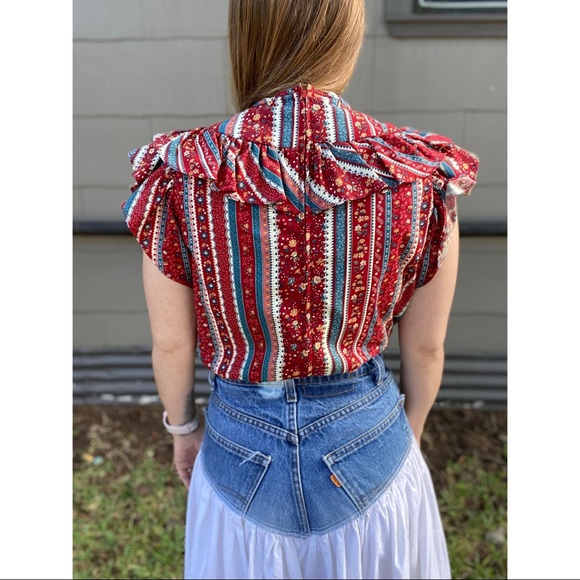 Vintage Cottage Core Handmade Ruffle Short Sleeve Floral Blouse - Picture 2 of 12